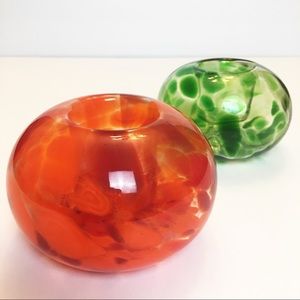 Art Glass Hand Blown Glass Pair Votive Candle Holder Green Orange Clear 5 inches